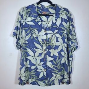 La Cabaña Women's Tropical Floral Hawaiian Blue Green Button Up Shirt